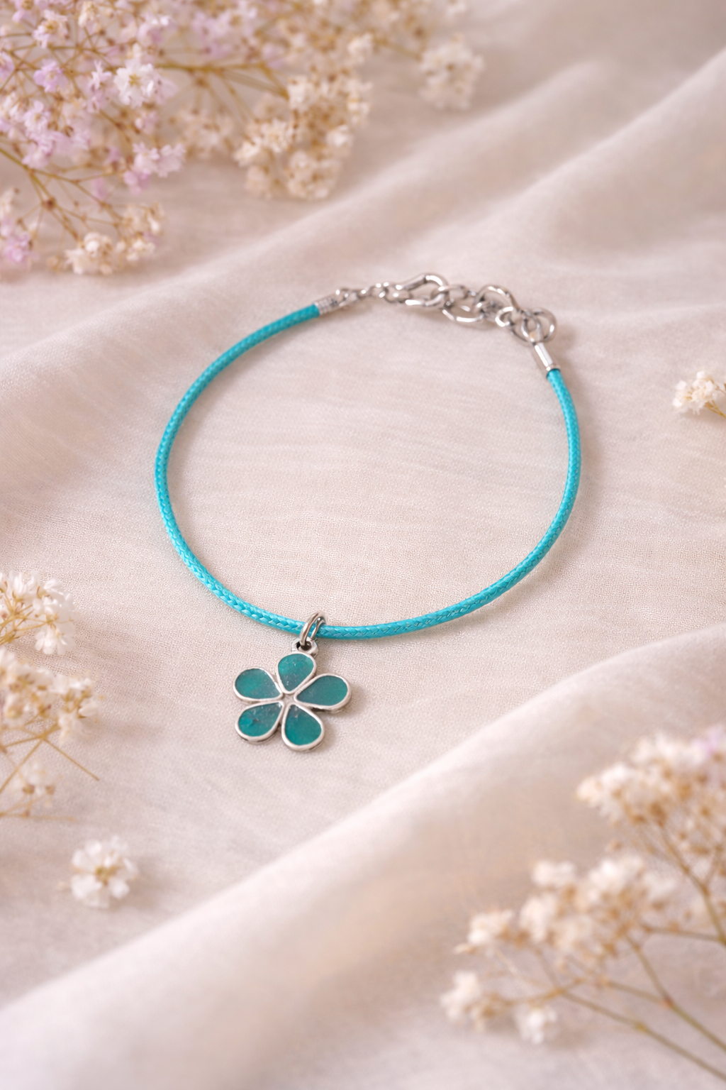 Bracelet fleur turquoiseBracelet enfant turquoise fleur verte – Bracelet coloré ajustable