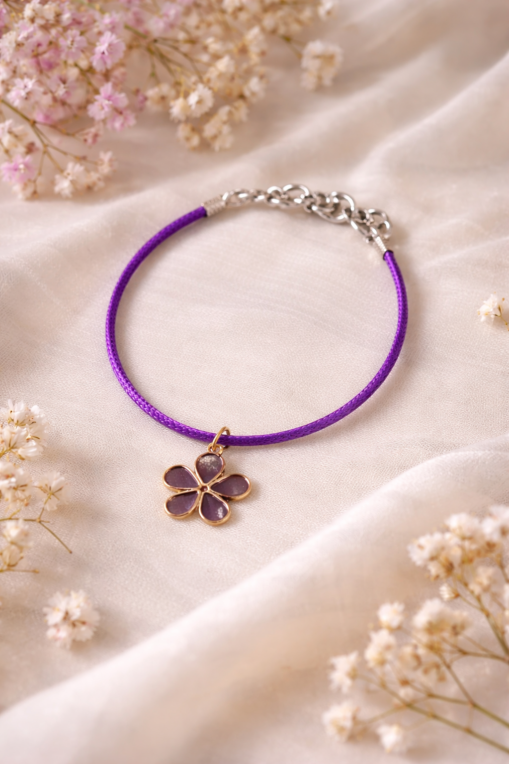 Bracelet enfant violet fleur – Bijou ajustable fille