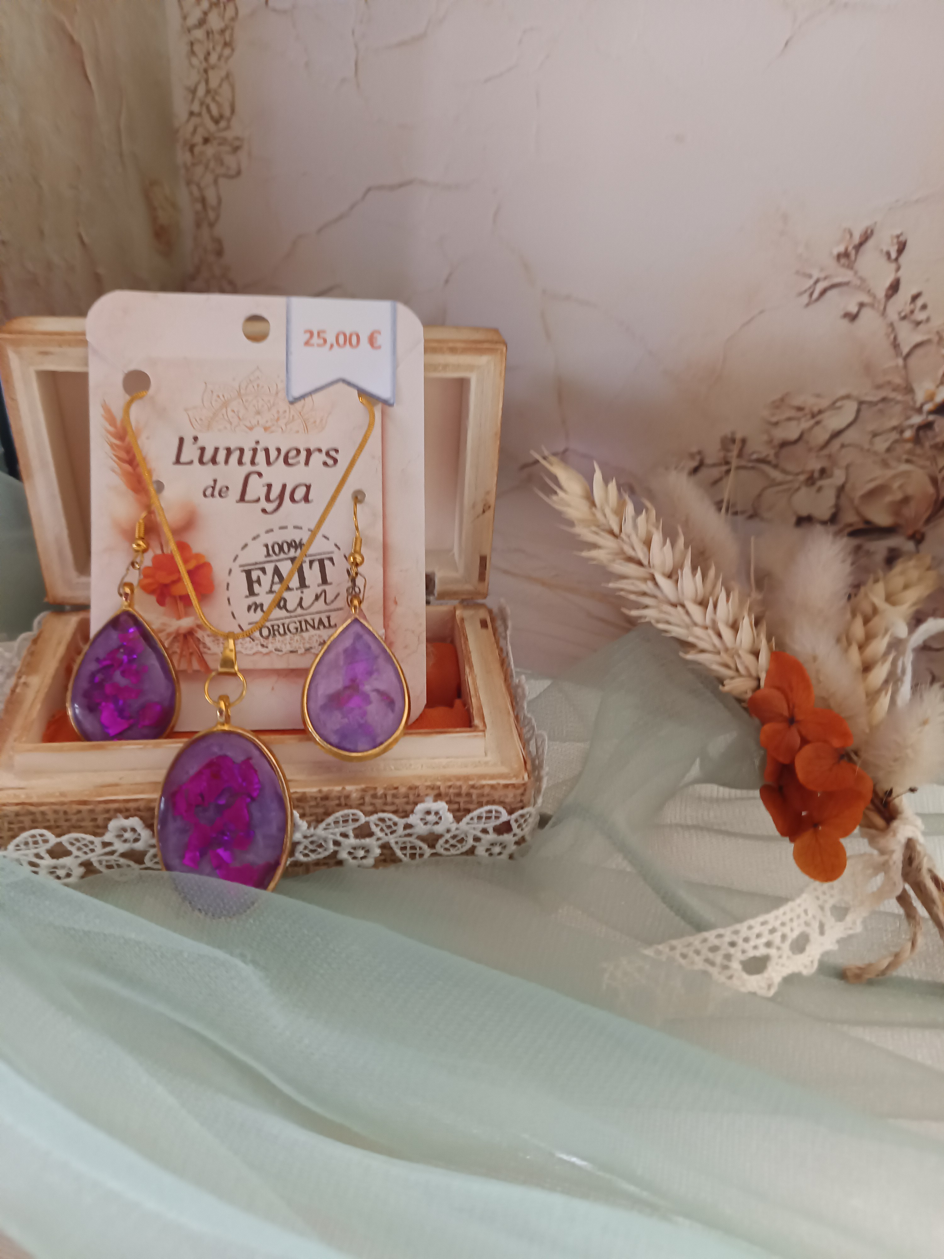 Parure collier et boucles violet métallisé – Bijou élégant fait main