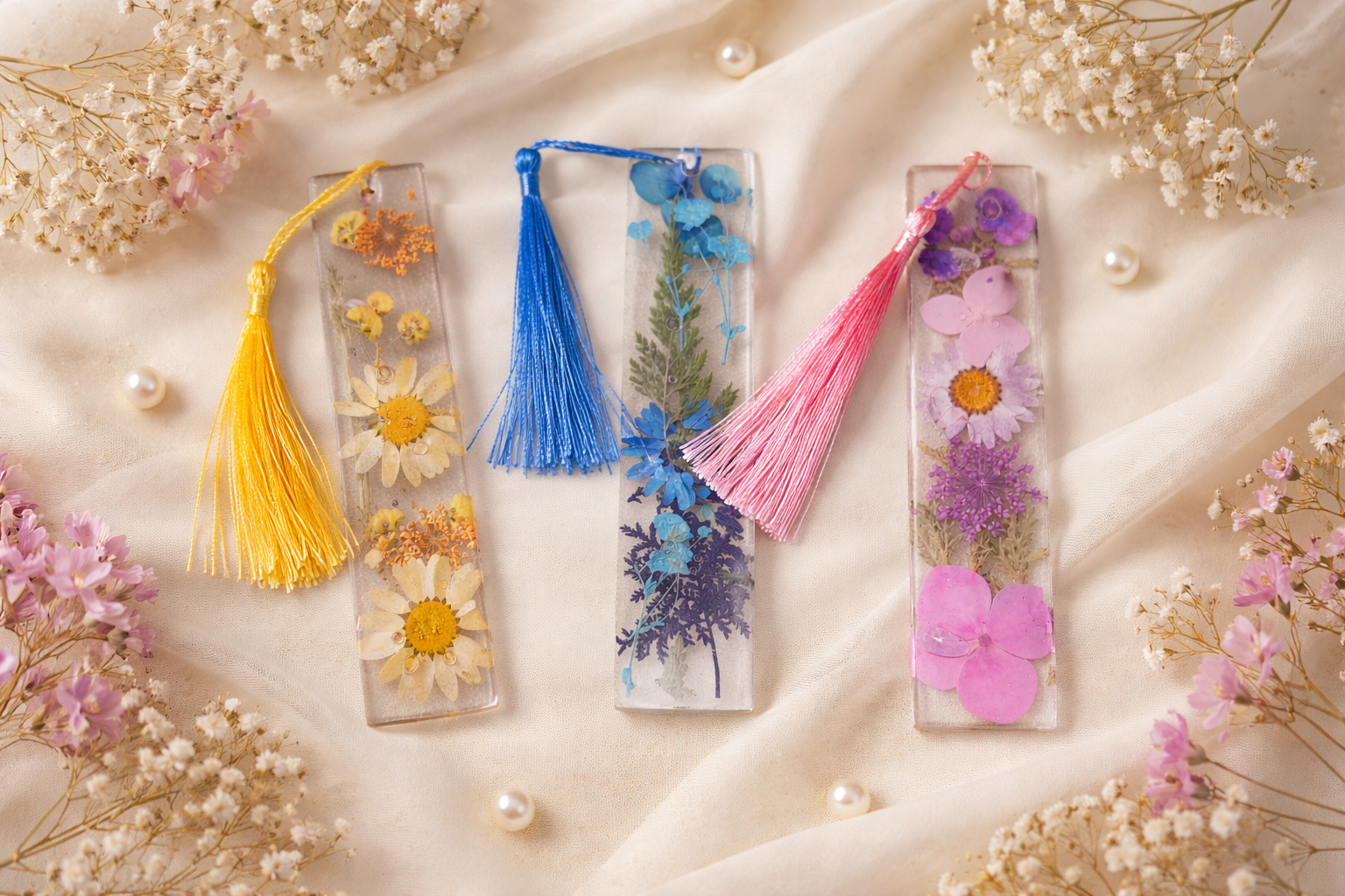 Marque-page artisanal en résine avec fleurs séchées jaunes et pompon doré