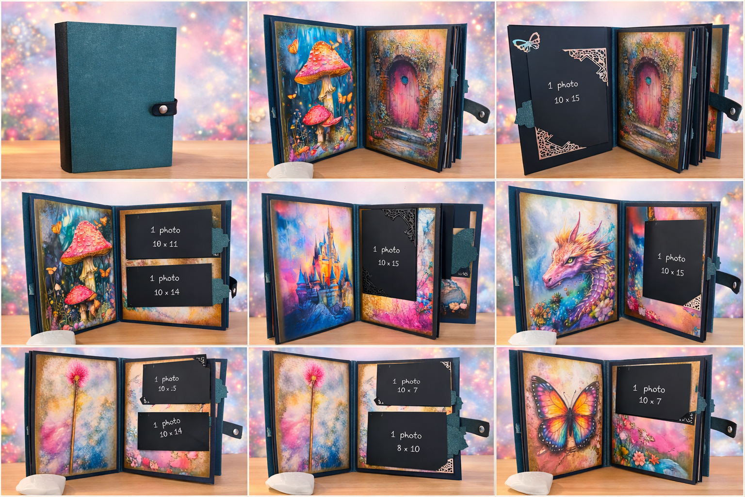 Album photo féérique pastel – Scrapbook artisanal fantasy, papillons, dragon & univers magique