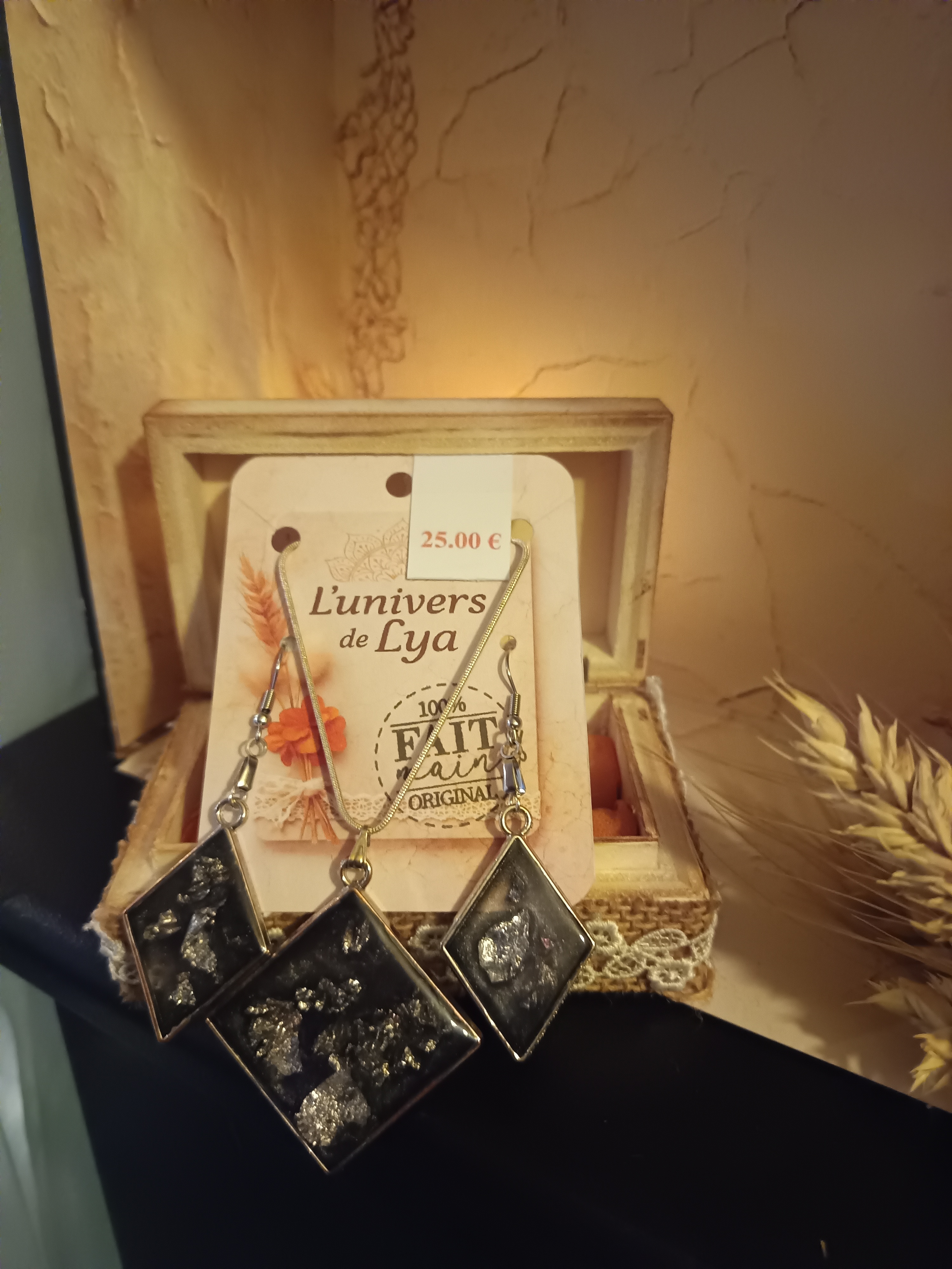 Parure collier et boucles géométriques noir pailleté – Bijou moderne fait main