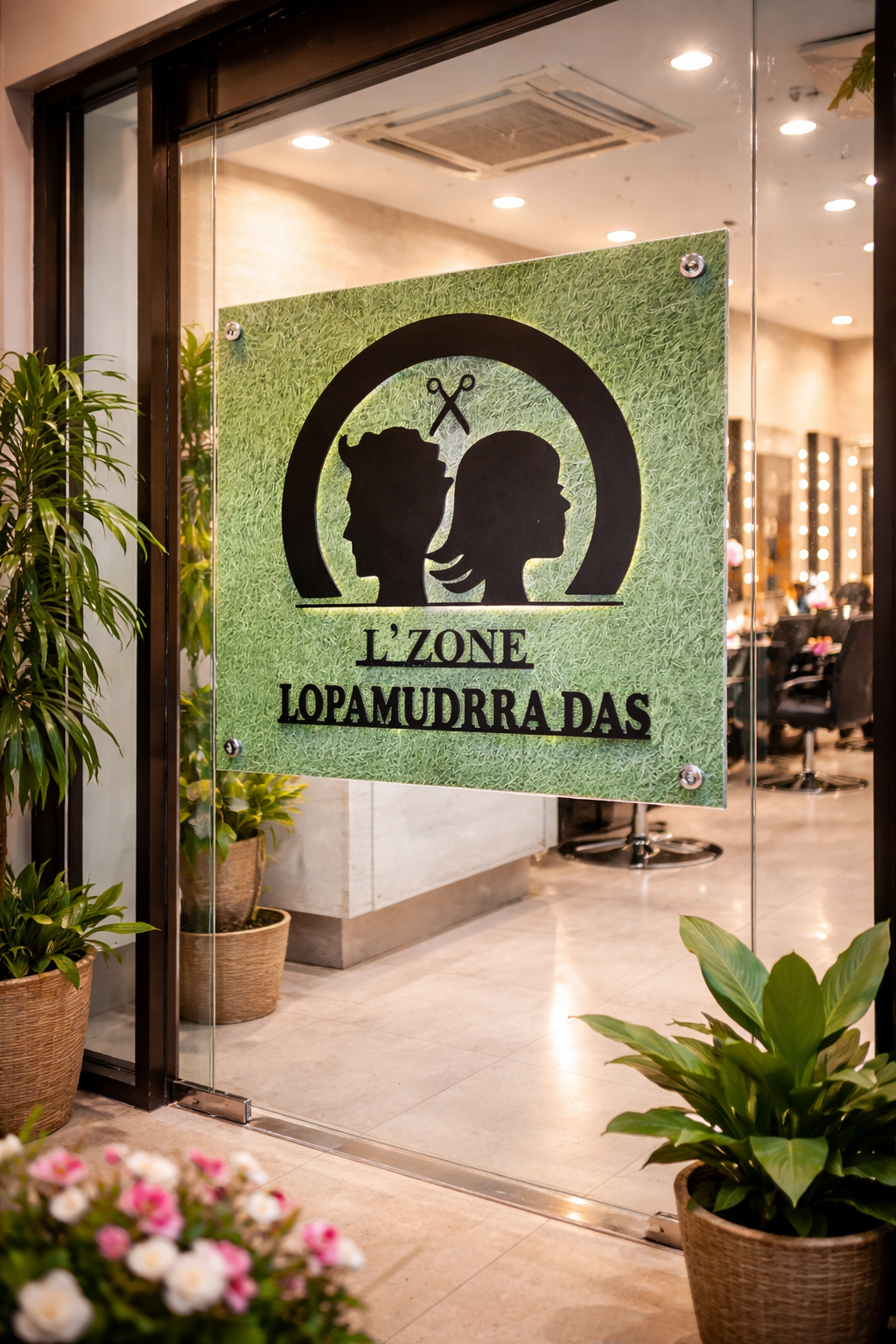 transparent sign board salon