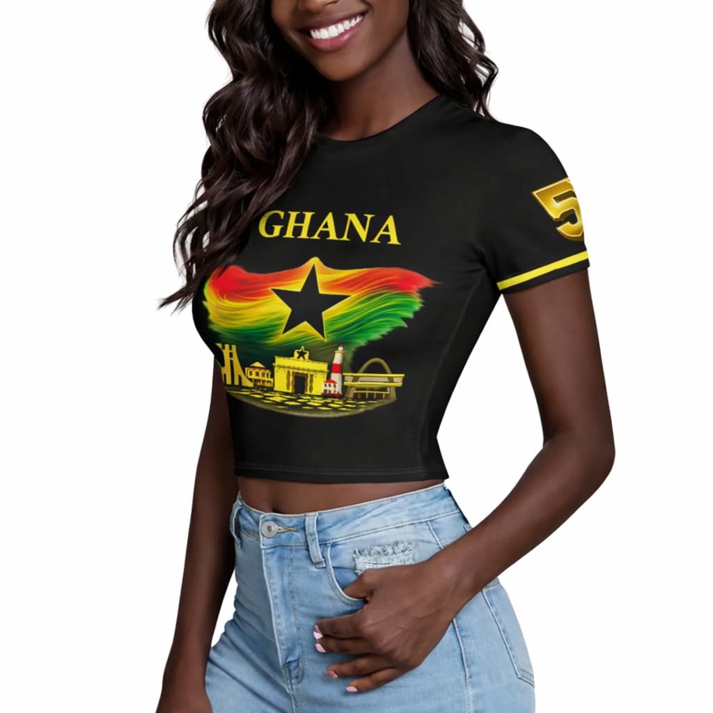 Ghana Crop Top Jersey Black and Red with National Flag Design and Monument 1957 Merch for 6th March Independence Celebrations Sports Fans