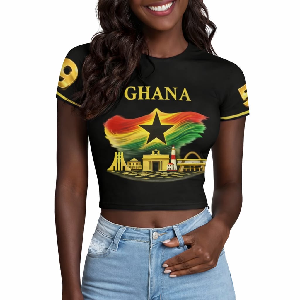 Ghana Crop Top Jersey Black and Red with National Flag Design and Monument 1957 Merch for 6th March Independence Celebrations Sports Fans