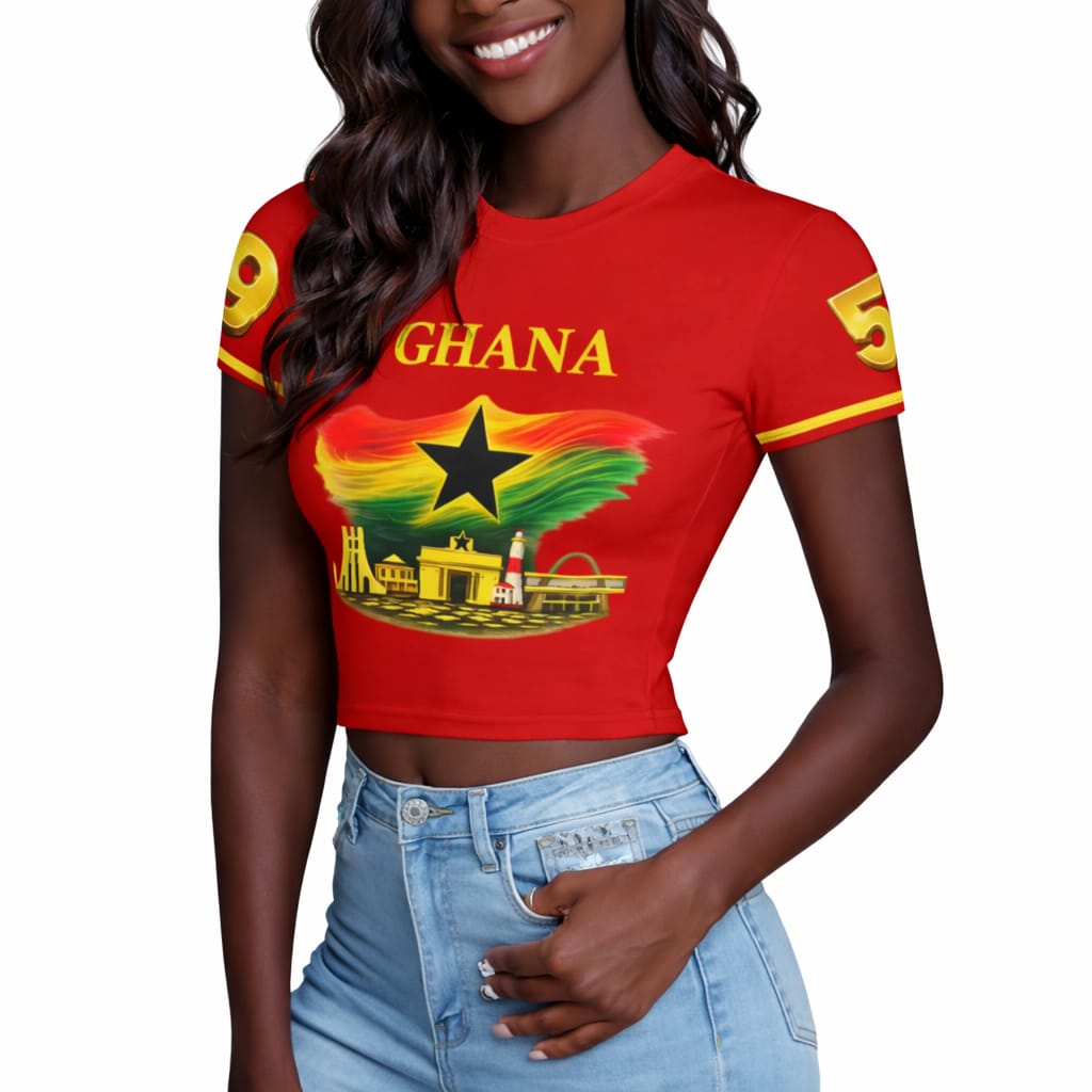 Ghana Crop Top Jersey Black and Red with National Flag Design and Monument 1957 Merch for 6th March Independence Celebrations Sports Fans