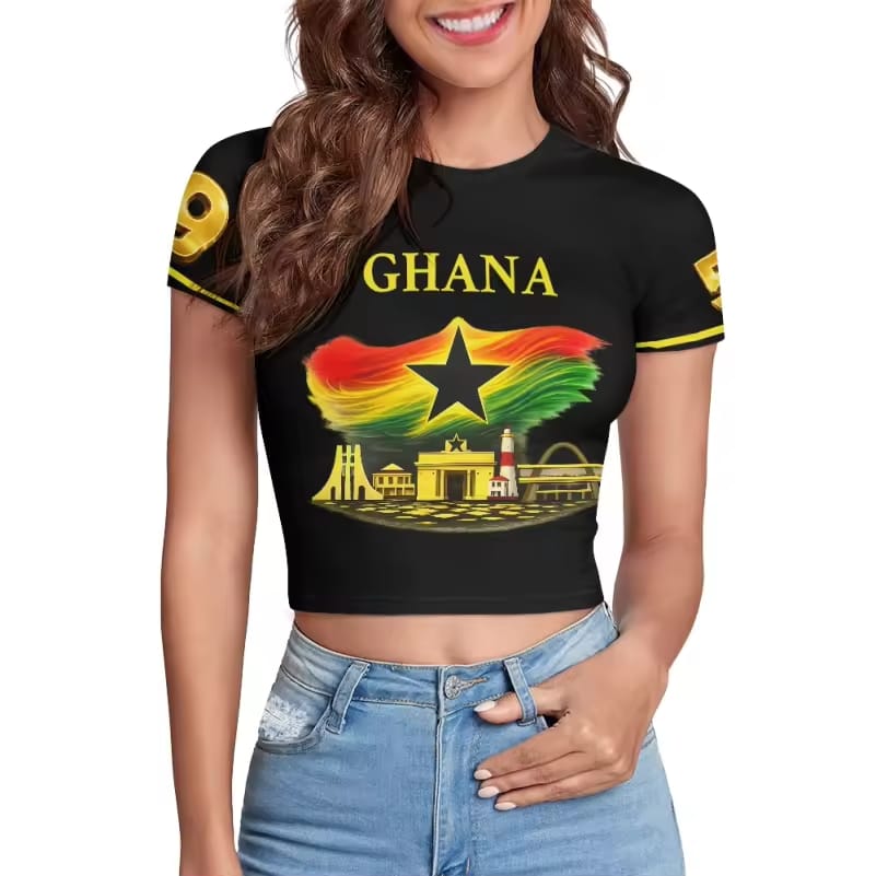 Ghana Crop Top Jersey Black and Red with National Flag Design and Monument 1957 Merch for 6th March Independence Celebrations Sports Fans