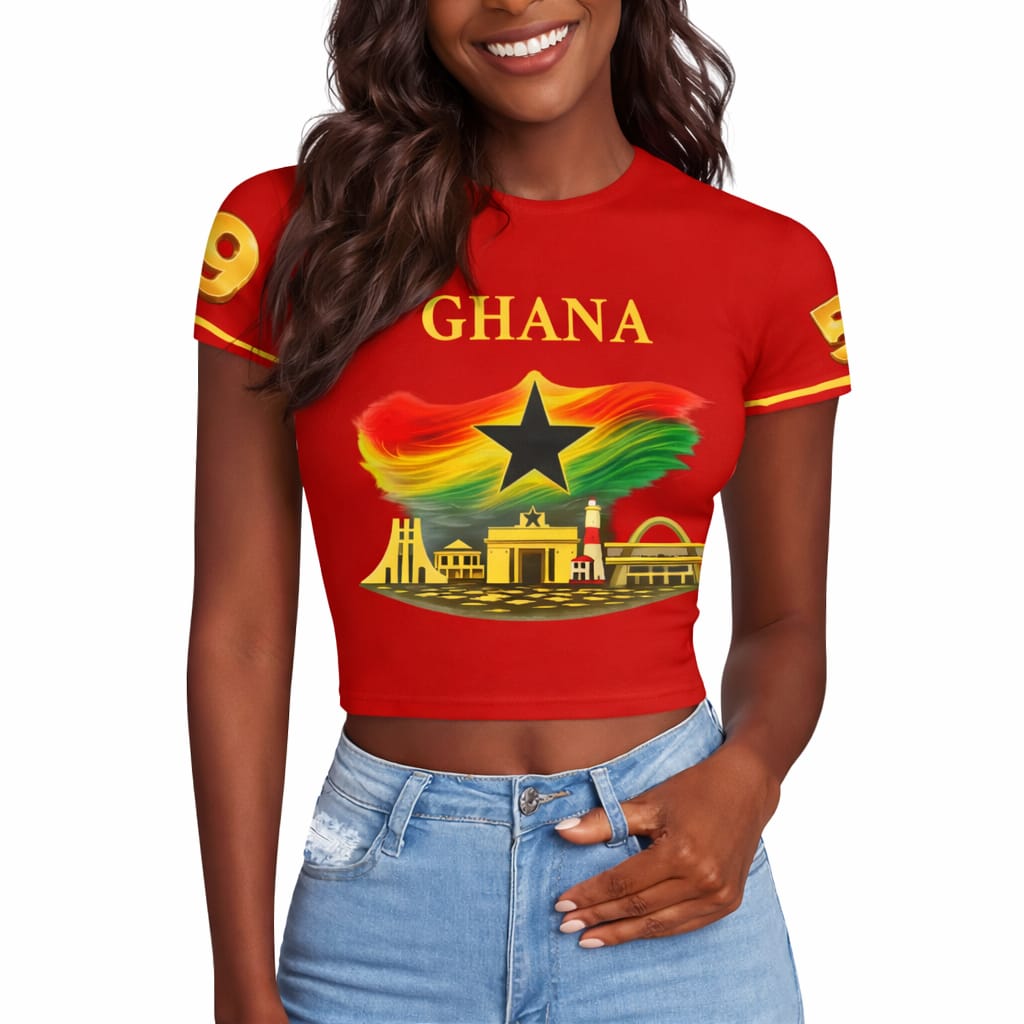 Ghana Crop Top Jersey Black and Red with National Flag Design and Monument 1957 Merch for 6th March Independence Celebrations Sports Fans