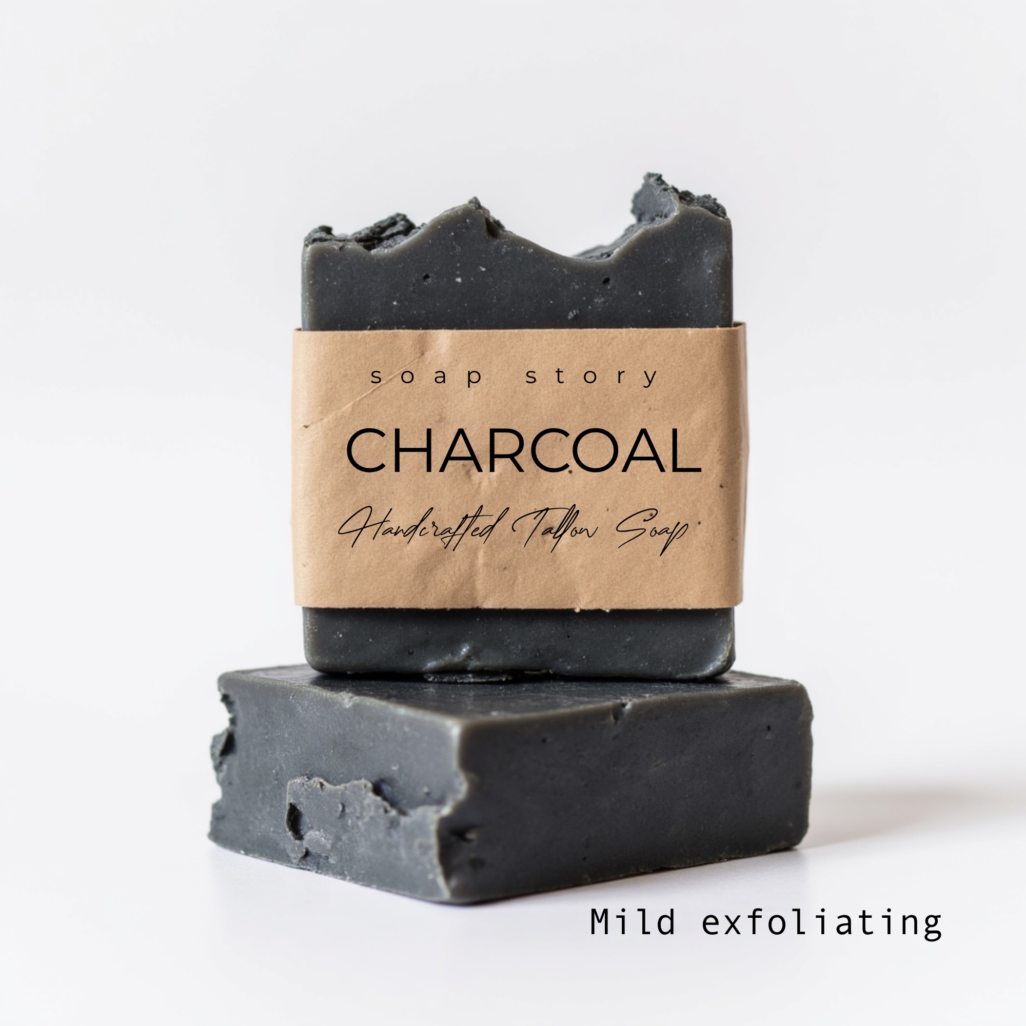 Rundertalg zeep met houtskool en chiazaad, licht scrub effect. Verfrissend en mannelijk.