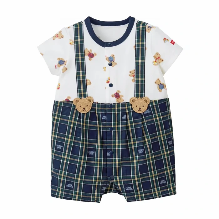 Miki House Bear & Checkered Suspender-Style Shortall