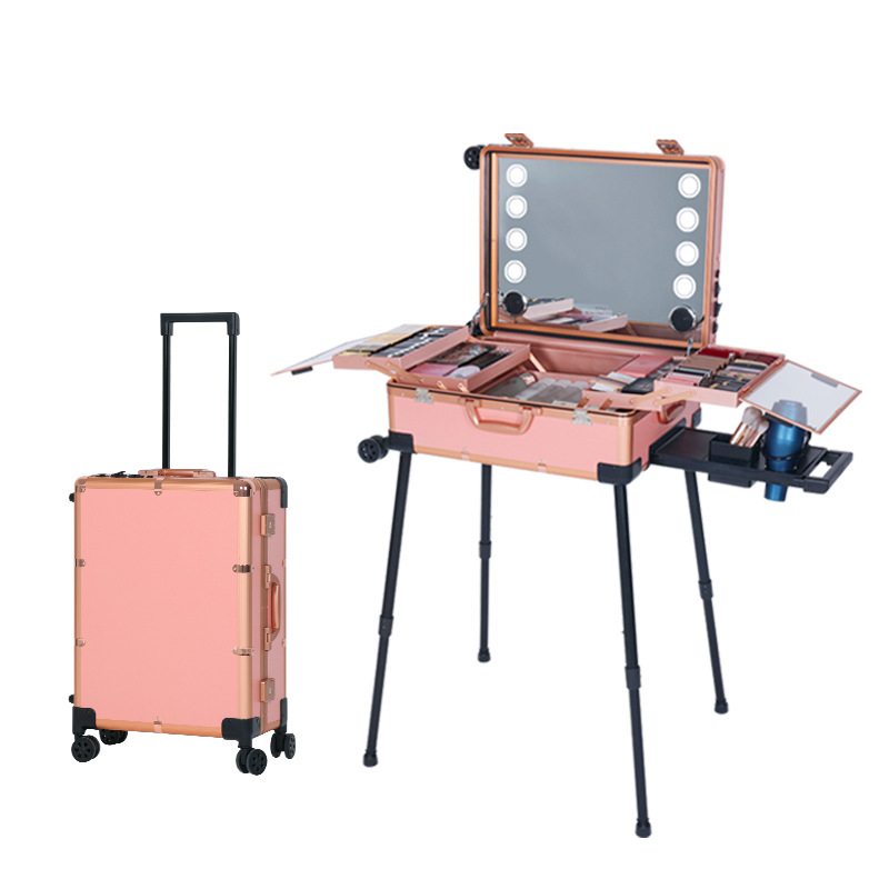 Professional Rolling cosmetic case,Lamp Trolley Makeup Case,Large Capacity Makeup Tool Box