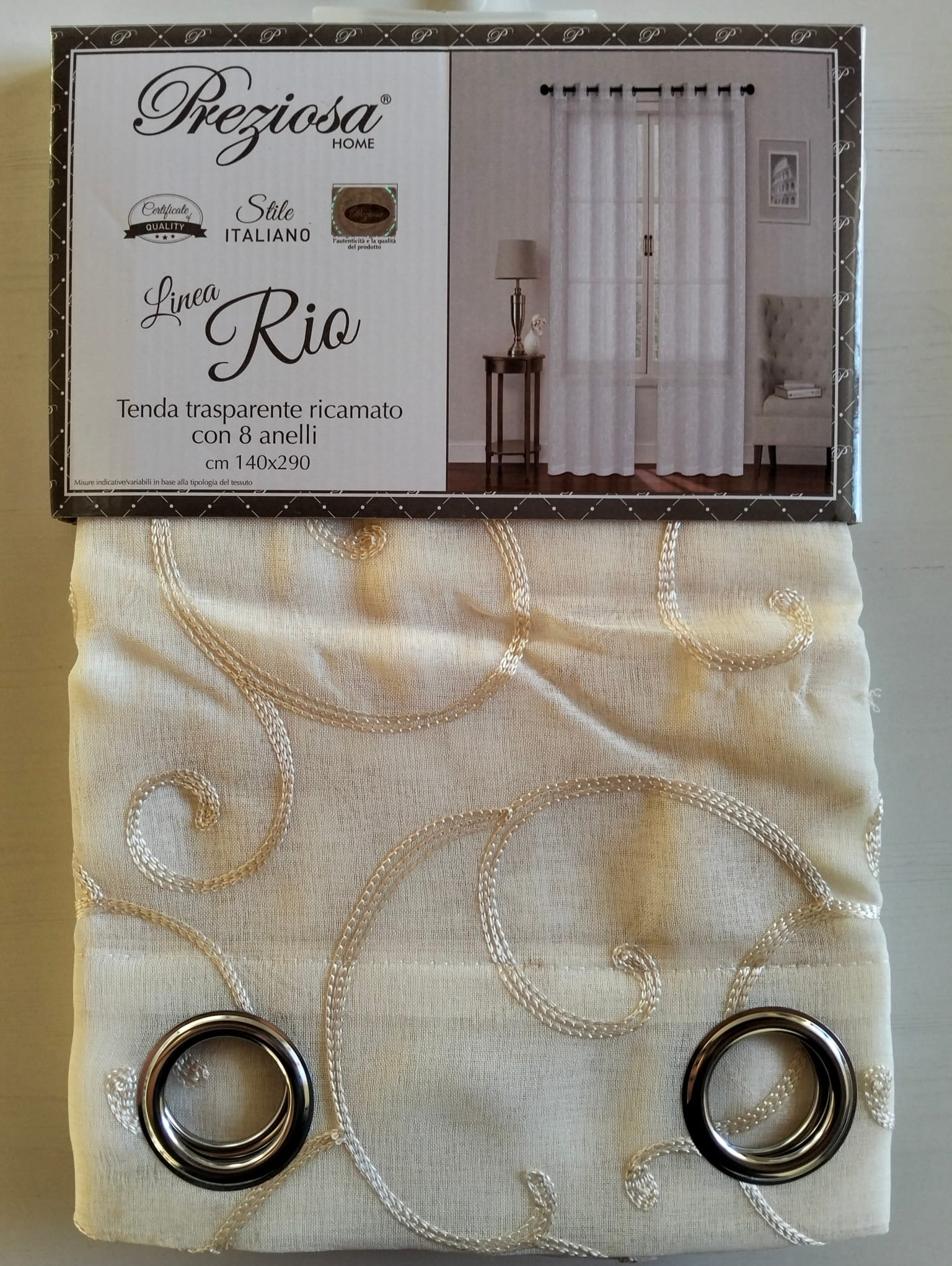 Tenda Rio trasparente ricamata con 8 anelli 140x290 cm