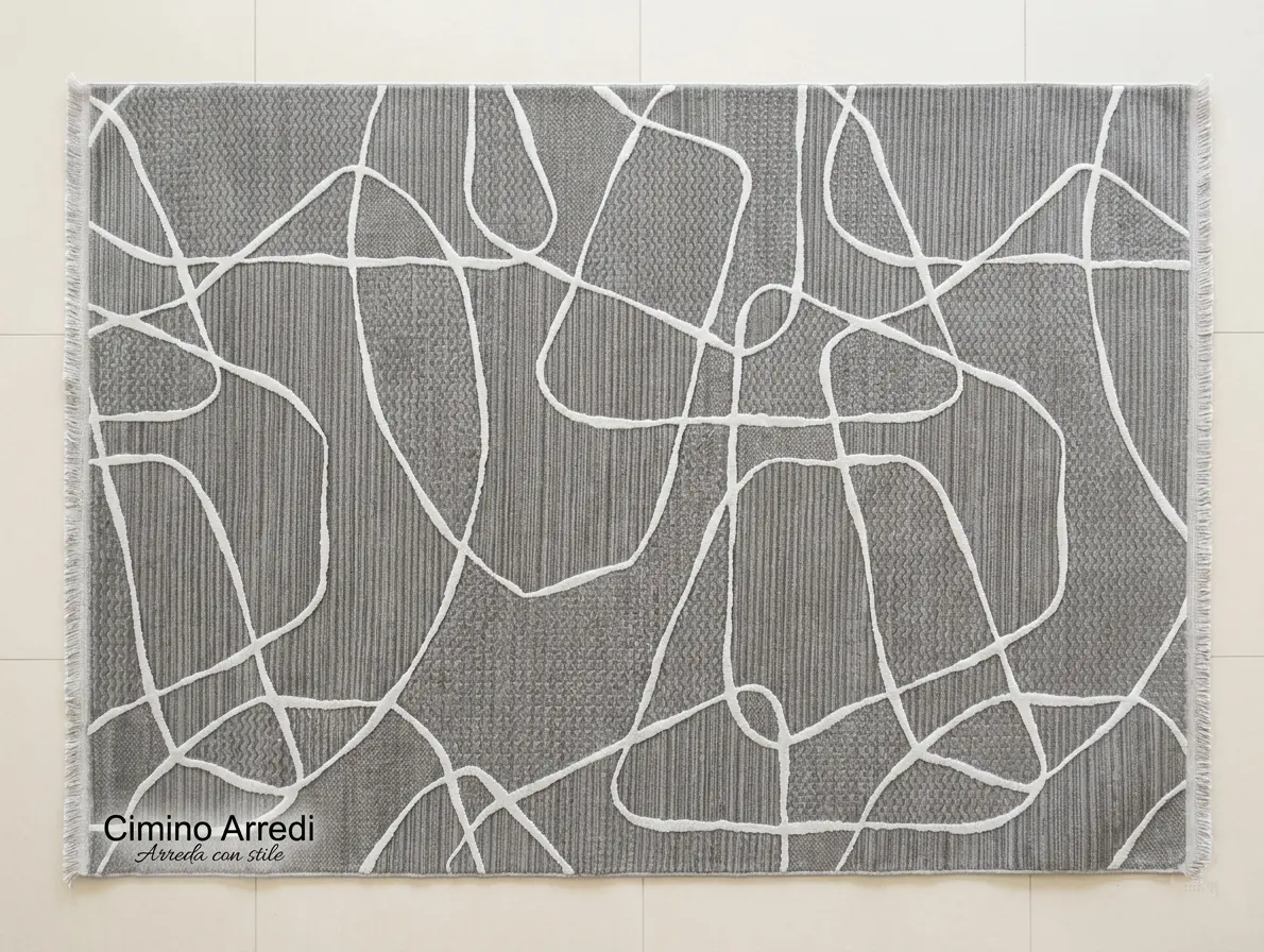 Tappeto moderno grigio astratto con frangia – morbido e lavabile per soggiorno e camera