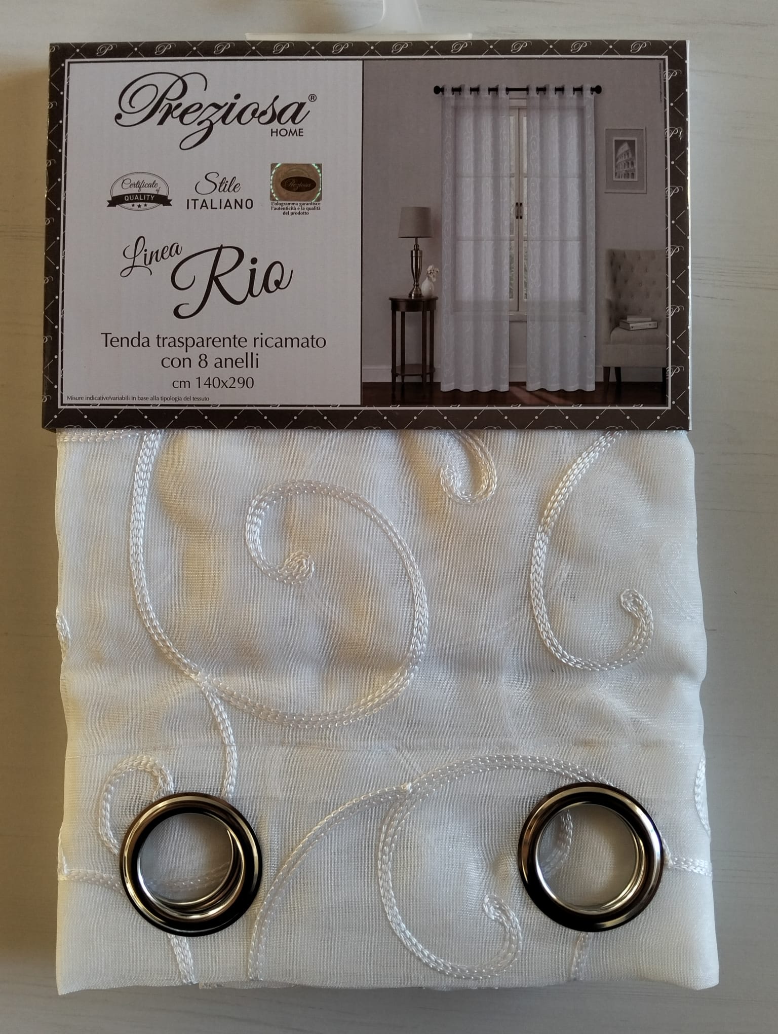 Tenda Rio trasparente ricamata con 8 anelli 140x290 cm