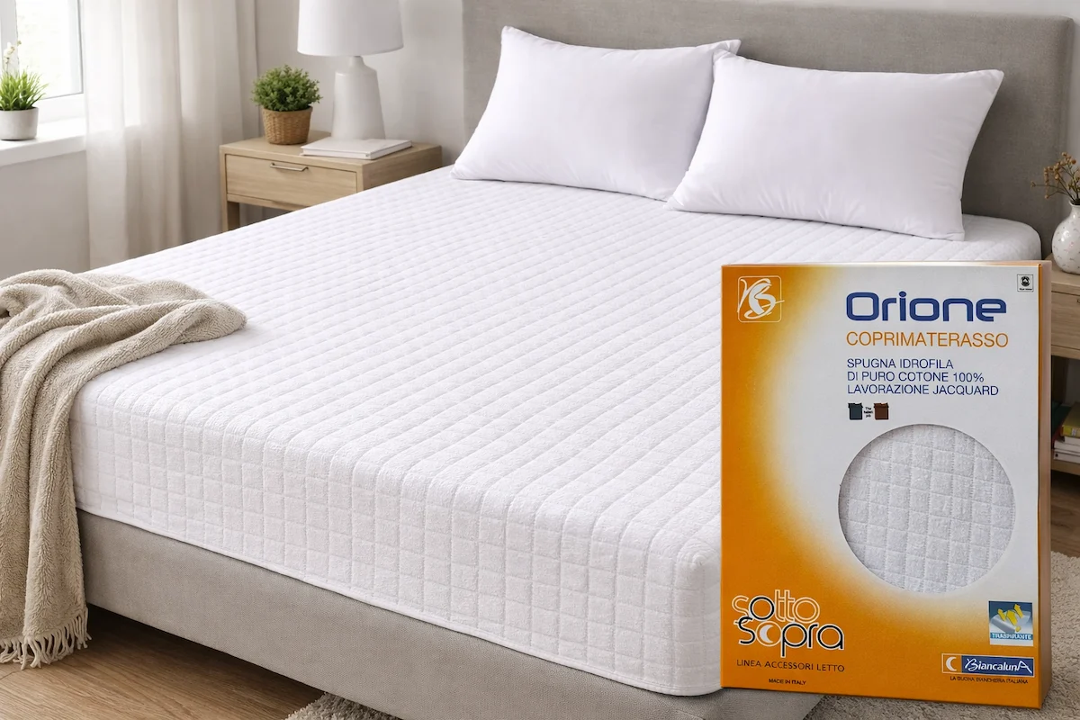 Coprimaterasso matrimoniale Biancaluna Orione in Spugna 100% Cotone Jacquard Traspirante Made in Italy