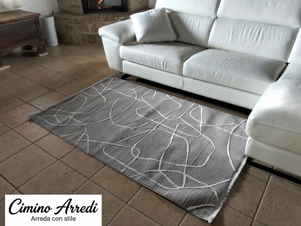Tappeto moderno grigio astratto con frangia – morbido e lavabile per soggiorno e camera