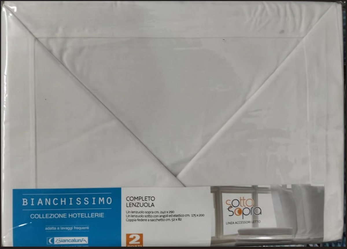 Completo Lenzuola Matrimoniali Biancaluna Bianchissimo in Cotone – Set Letto Hotel Made in Italy