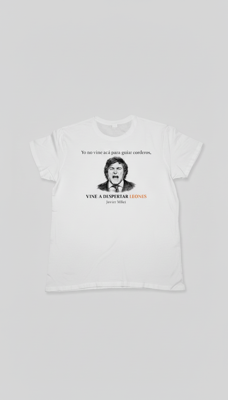 Camiseta blanca con frase de Javier Milei con logo estampado 100% algodón.