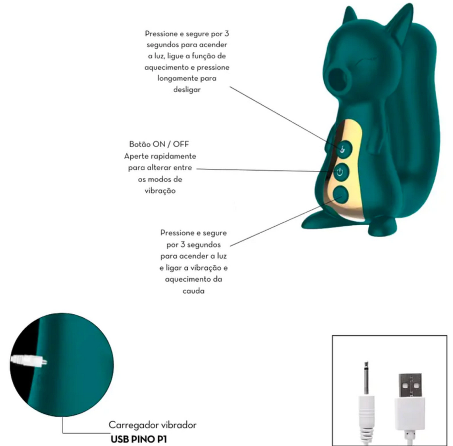 Vibrador em formato de Esquilo com Estimulador Clitóriano e Aquecimento