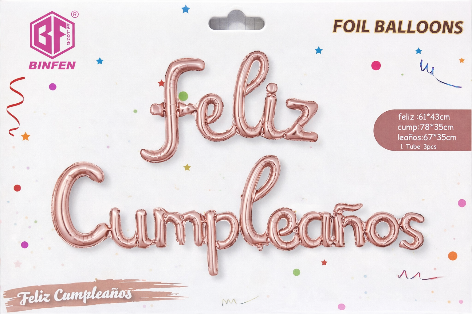 Globos de letra unida frase  'Feliz Cumpleaños' - Oro Rosa