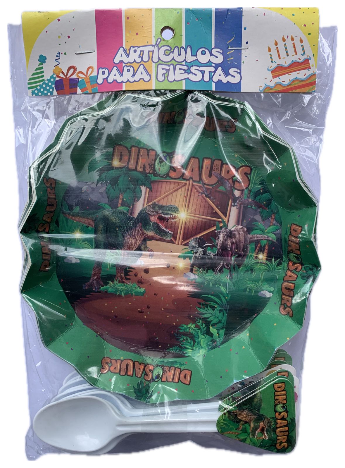 Paquete de platos y cucharitas - Dinosaurios x 12 unidades