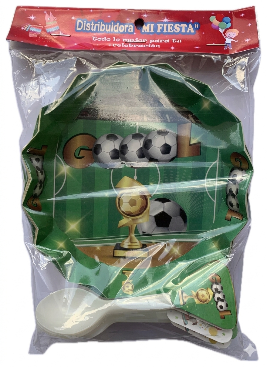 Paquete de 12 platos Temática de Fútbol - incluye cucharitas