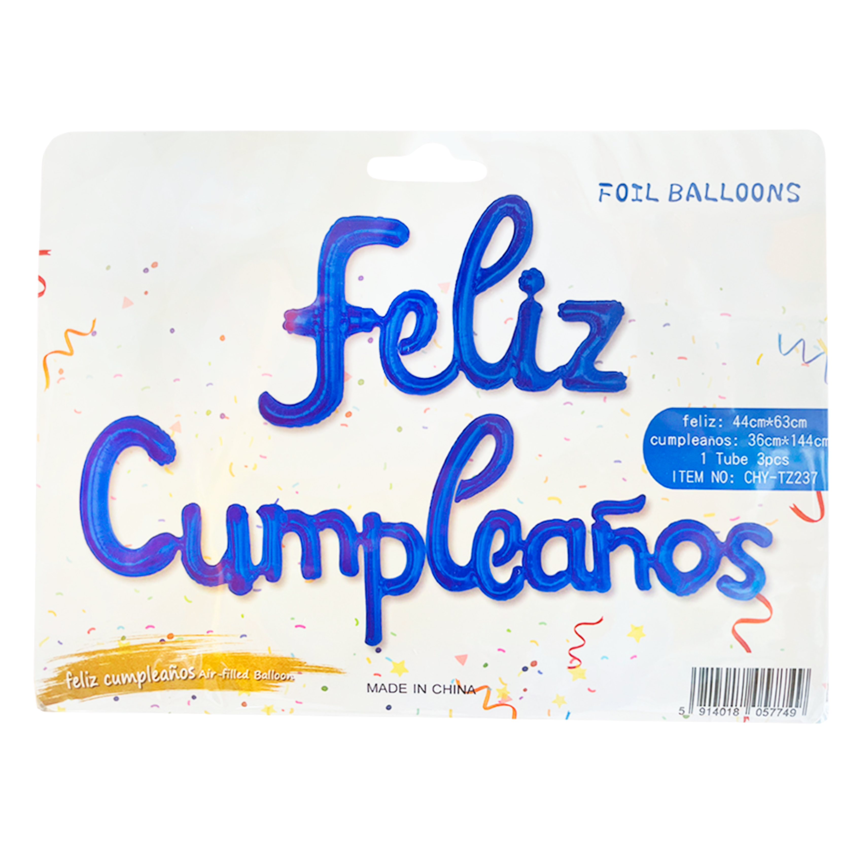 Globos frase Feliz Cumpleaños - letra cursiva - azul