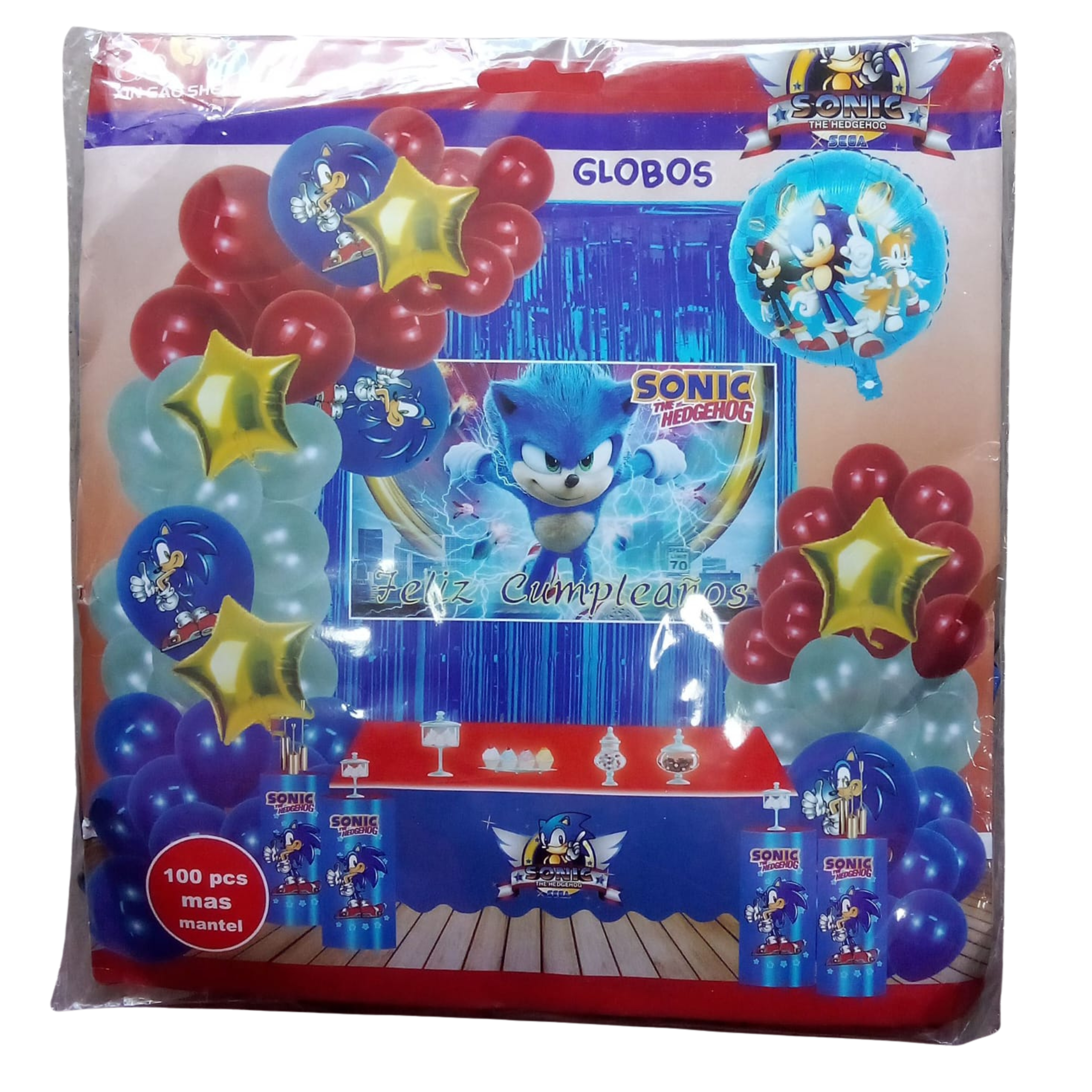 Kit de Decoración Fiesta Sonic - 100 pzs incluye mantel