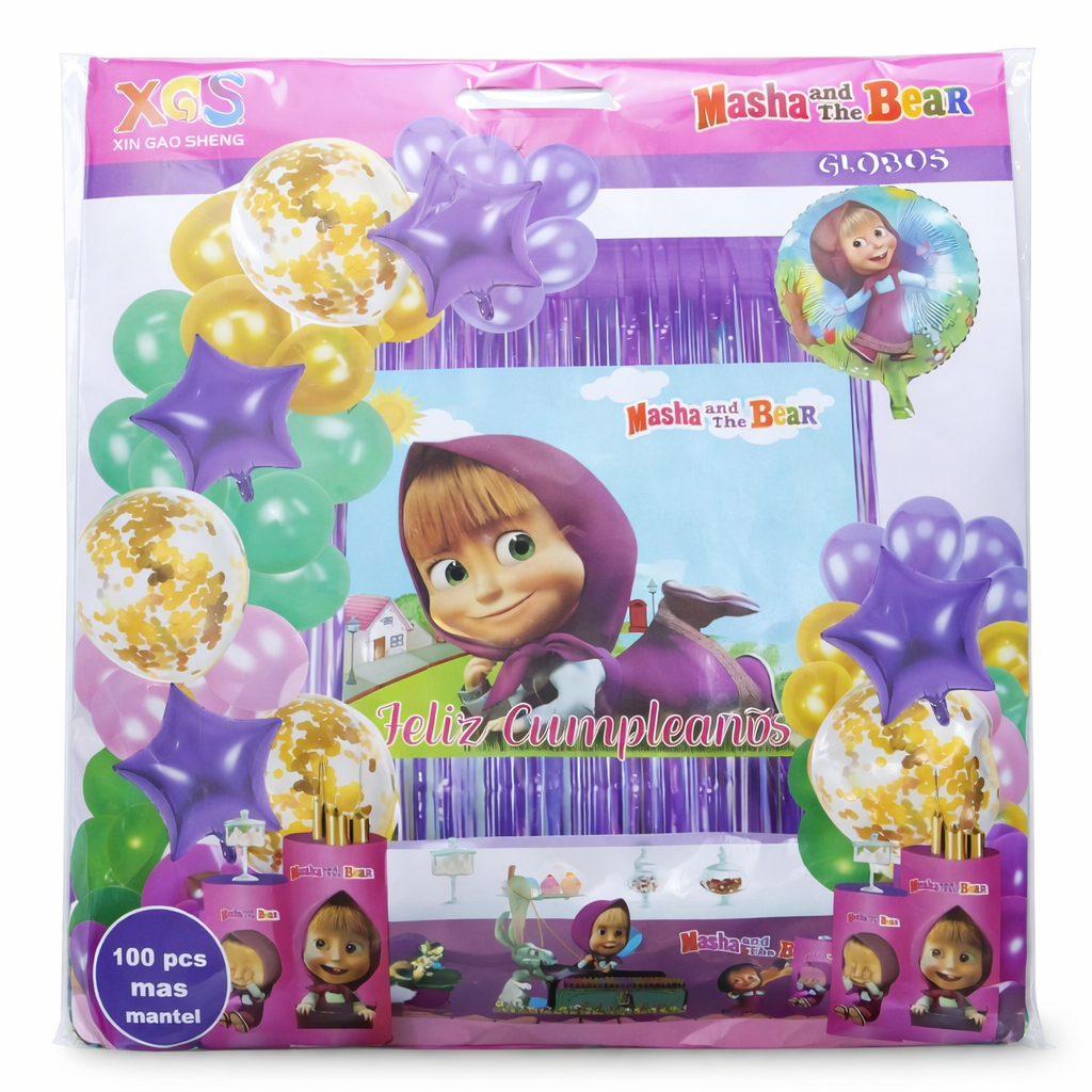 Kit Decoración de fiesta  Masha y el Oso - 100 piezas incluye mantel