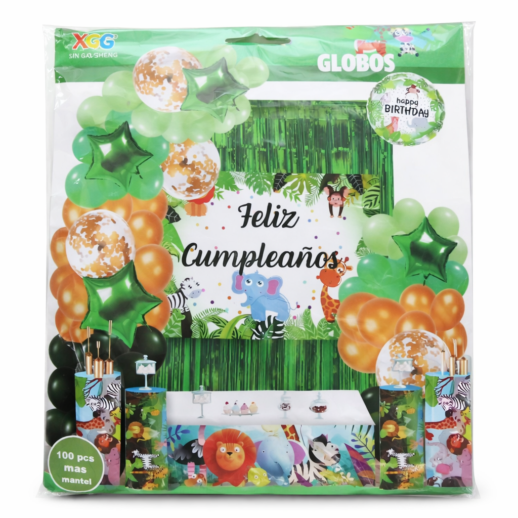 Kit Decorativo de Cumpleaños Safari - 100 piezas - incluye mantel