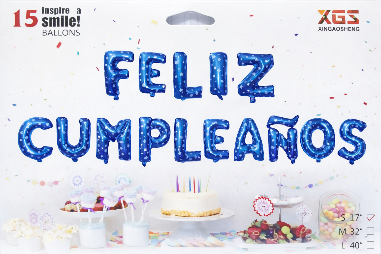 Globos de letras frase "Feliz Cumpleaños" - Azul con puntos blancos