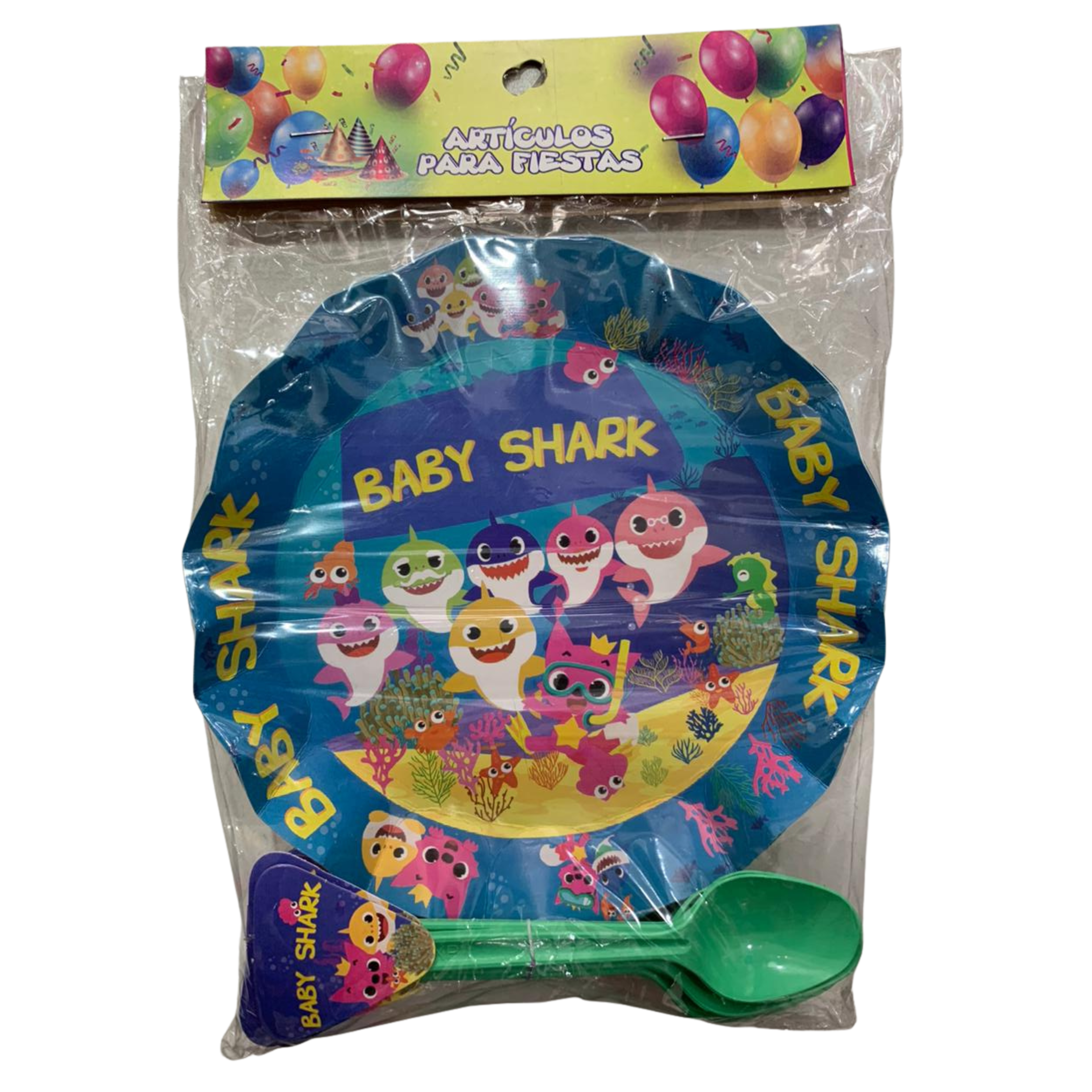 Paquete de 12 platos con cucharita - Baby Shark