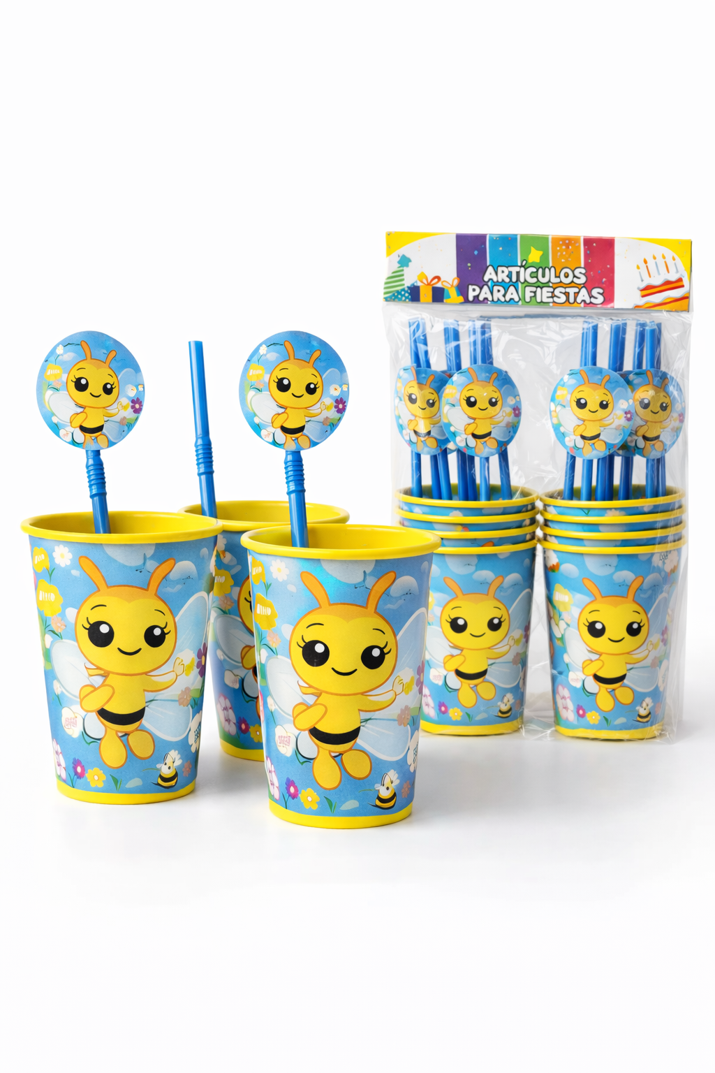 Paquete de 12 Vasos y sorbetes - Abejita Chiquitita