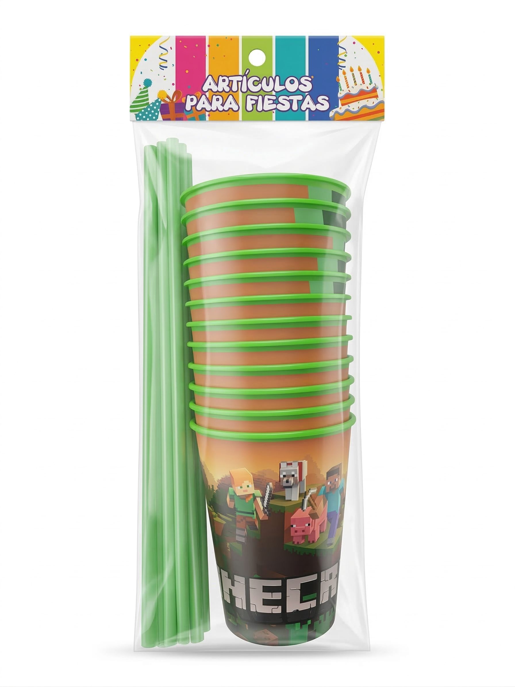 Paquete de 12 Vasos y sorbetes - Fiesta Minecraft