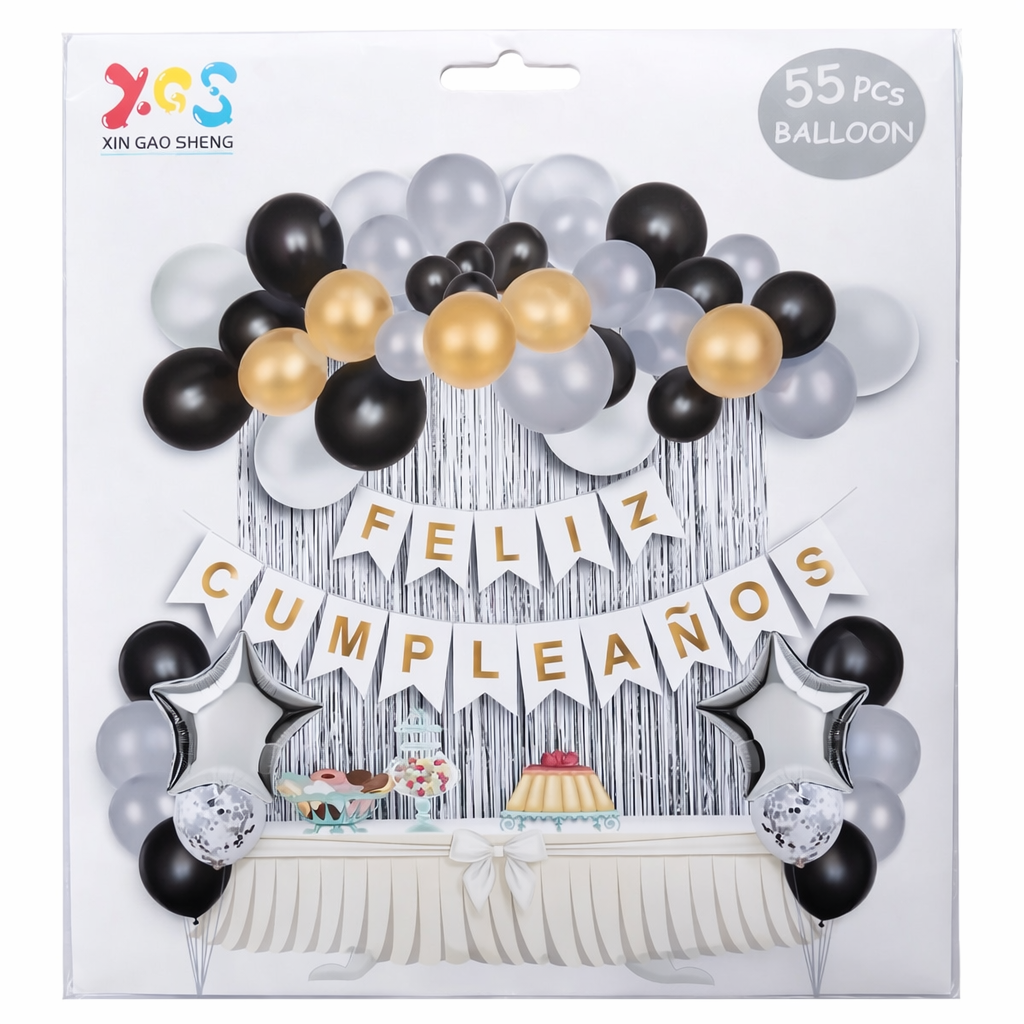 Kit Decoración Feliz Cumpleaños en color plata - 55 pcs
