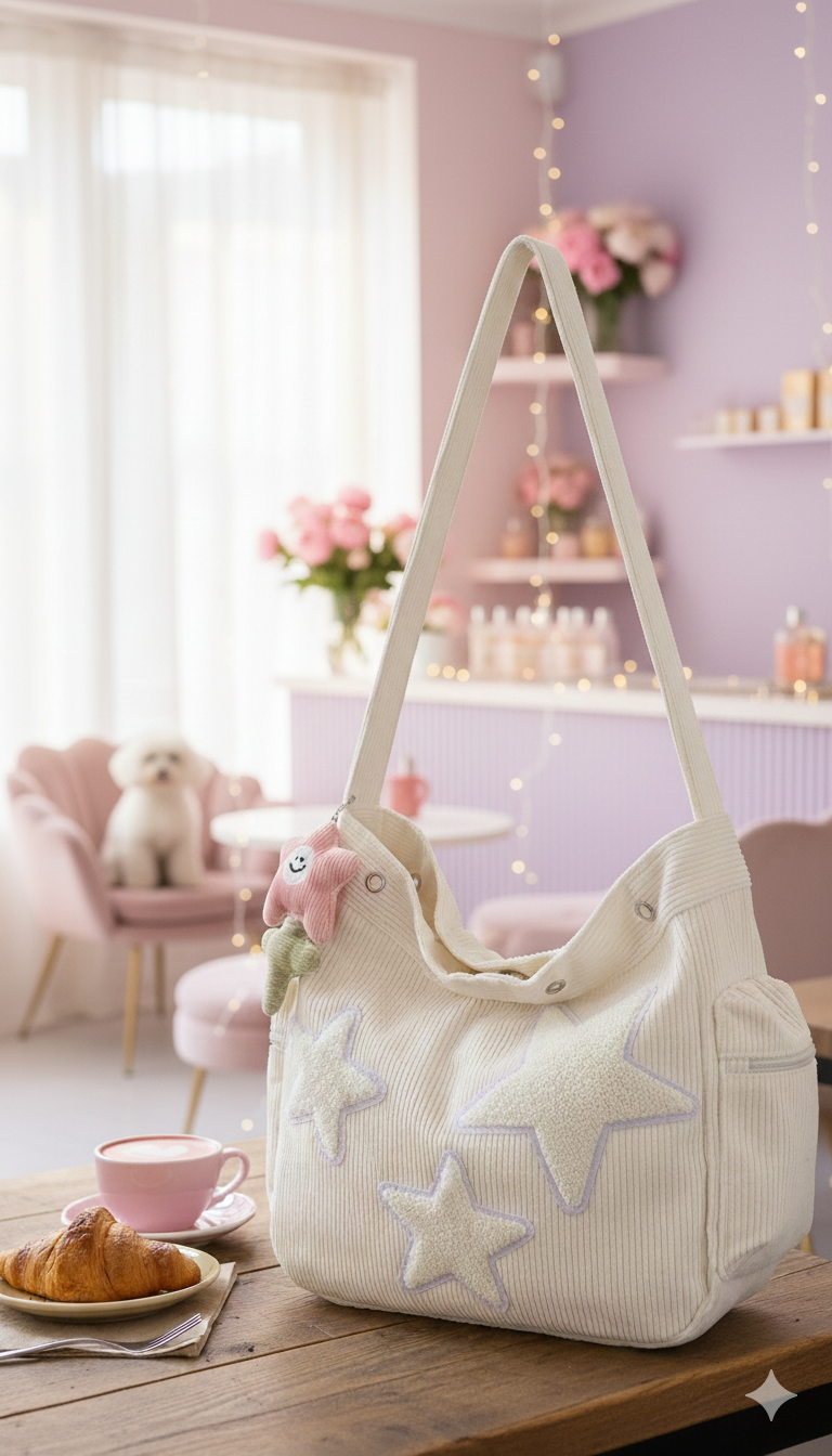 White Corduroy Tote Bag, Soft Star Messenger Bag with Charm, Long-Lasting Crossbody Bags