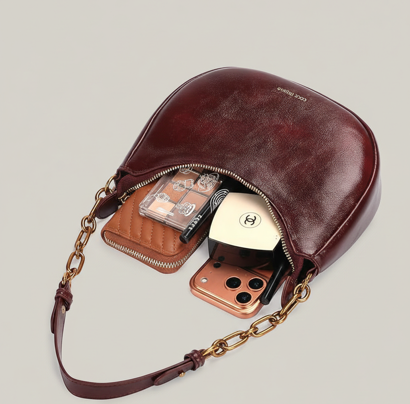 Crescent-Shaped Shoulder Bag Elegant PU leather  with gold chain