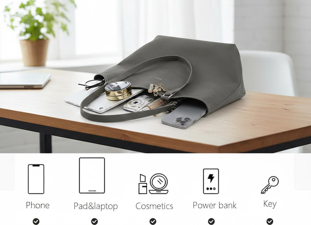 Large Tote Bag for Women, Grey Classic Pu Leather Tote Handbags