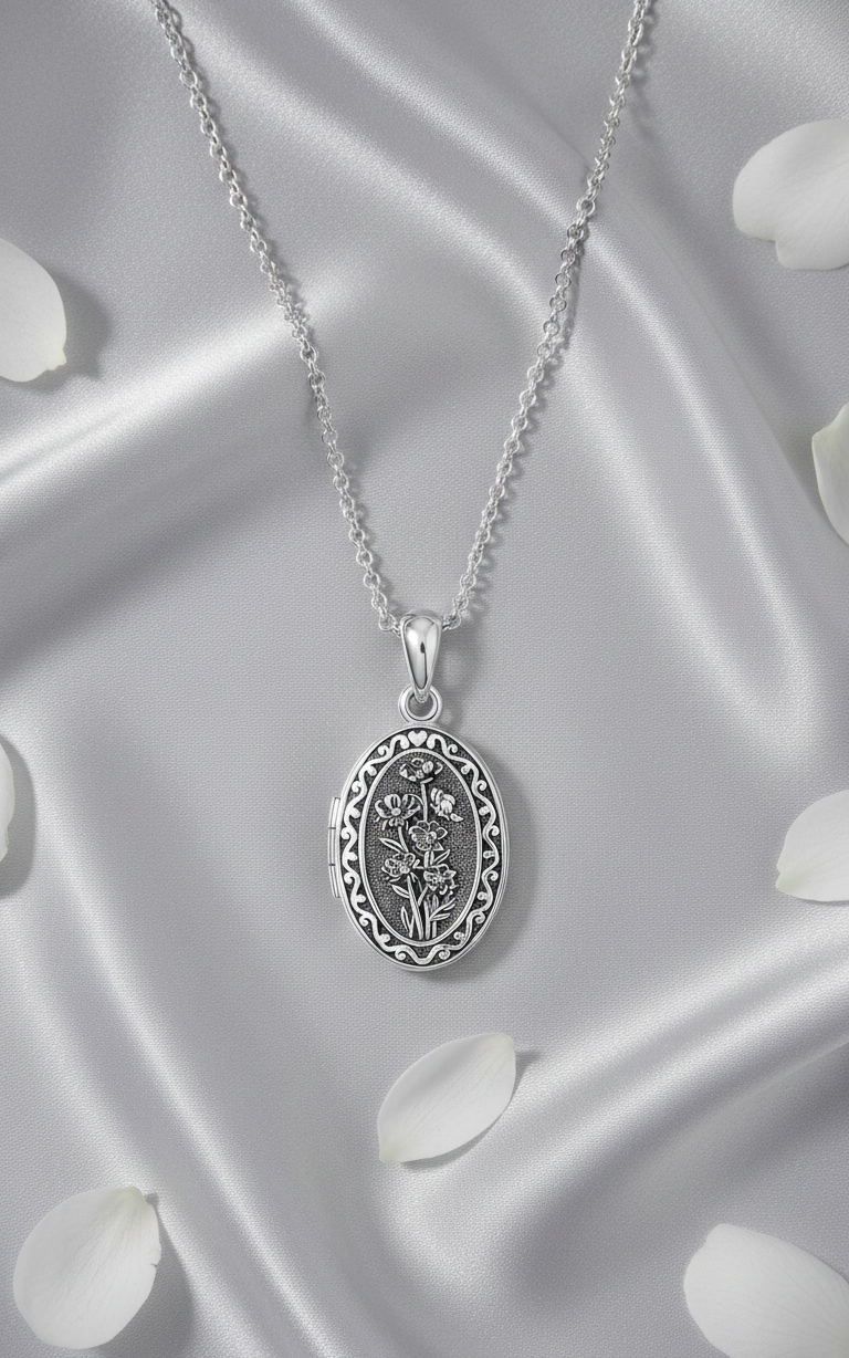 Birth Flower Photo Locket Necklace 925 Sterling Silver 12 Month Locket Necklace with Picture Birth Flower Photo Jewelry