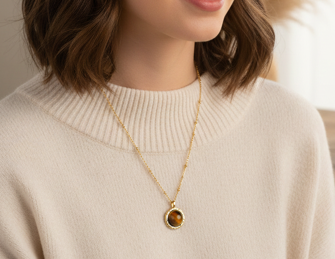 Tigers Eye Necklace Brown Pendant Gold | 18K Gold Plated