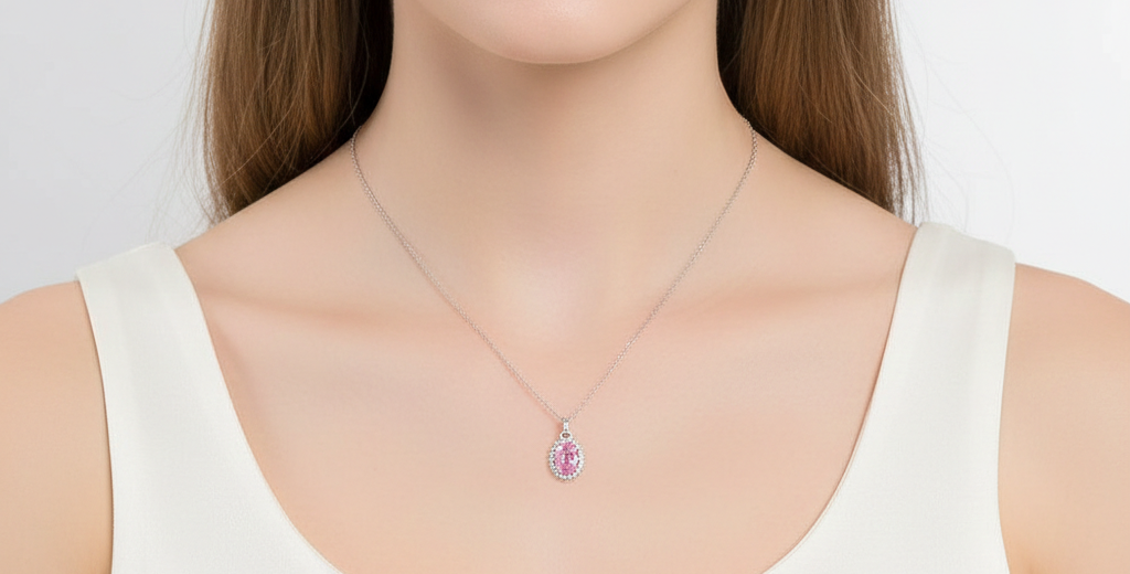 Sterling Silver Oval Pink Gemstone Necklace | Cubic Zirconia Halo Pendant
