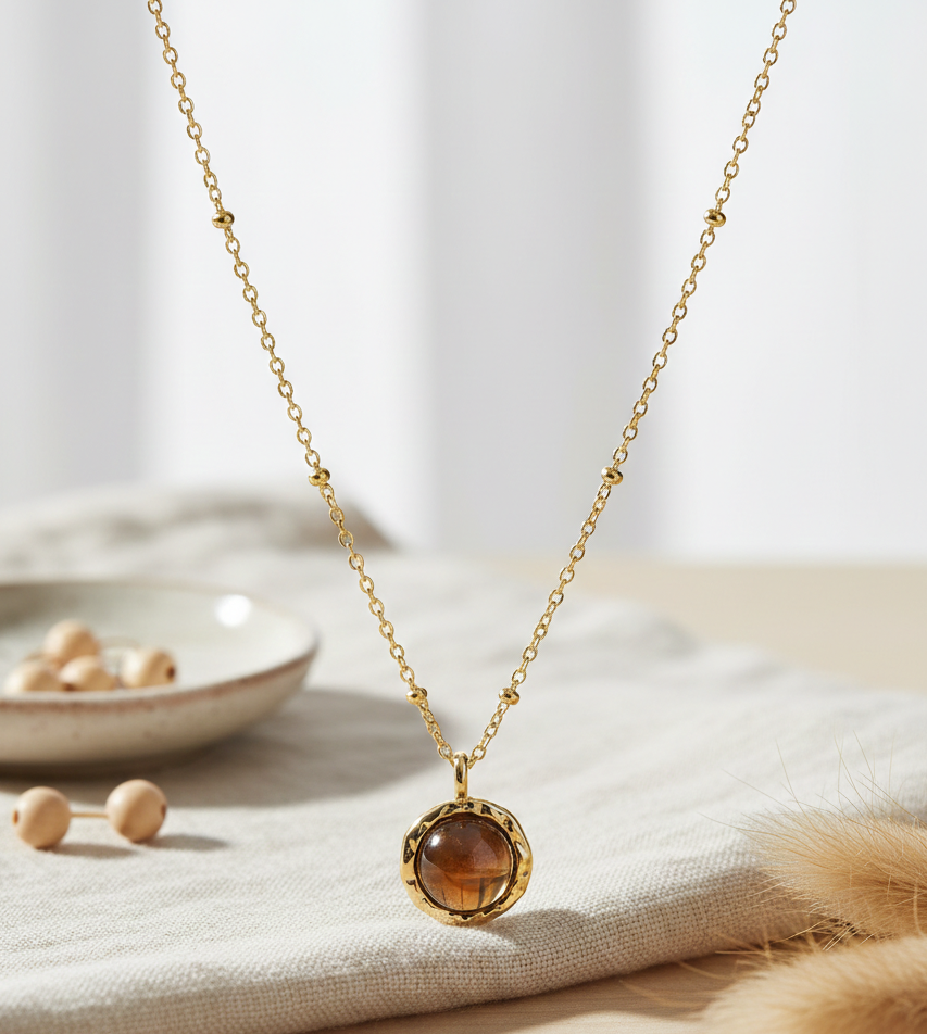 Tigers Eye Necklace Brown Pendant Gold | 18K Gold Plated 