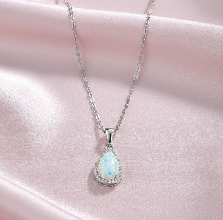 FANCIME October Birthstone Necklace Sterling Silver White Opal Necklace Fire Opal Halo Waterdrop Teardrop Pear Shape 