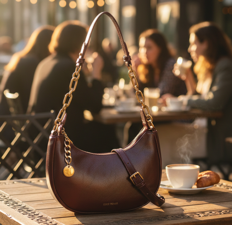 Crescent-Shaped Shoulder Bag Elegant PU leather  with gold chain