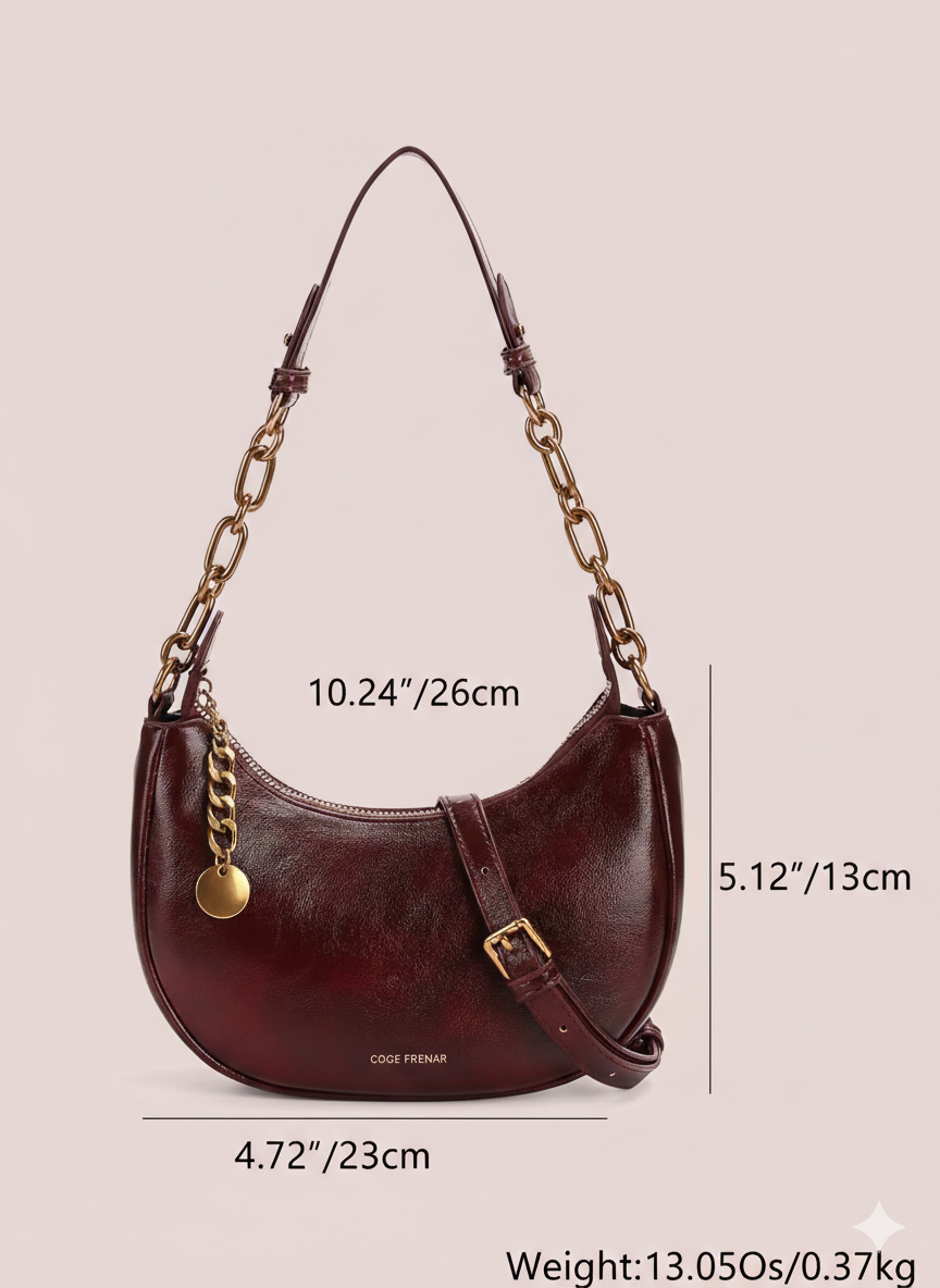 Crescent-Shaped Shoulder Bag Elegant PU leather  with gold chain