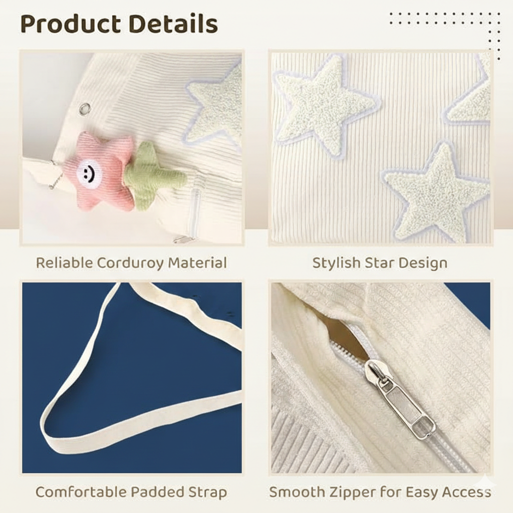 White Corduroy Tote Bag, Soft Star Messenger Bag with Charm, Long-Lasting Crossbody Bags