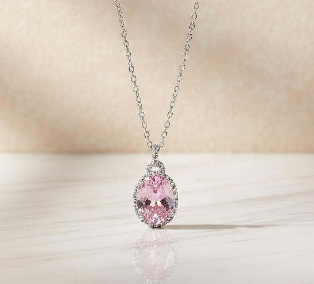 Sterling Silver Oval Pink Gemstone Necklace | Cubic Zirconia Halo Pendant