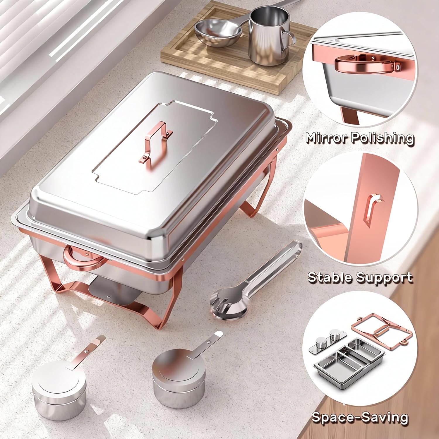 Rose Gold Chafing Dishes for Buffet 4 Pack(Full 1/2 1/3 Size Pan)