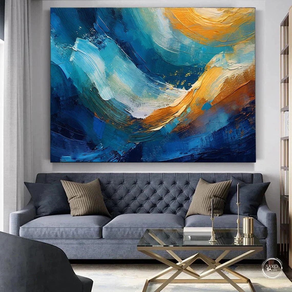 Abstract Blue Gold Canvas Art