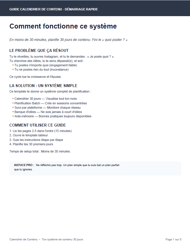 Calendrier de Contenu 30 Jours – Démarrage Rapide
